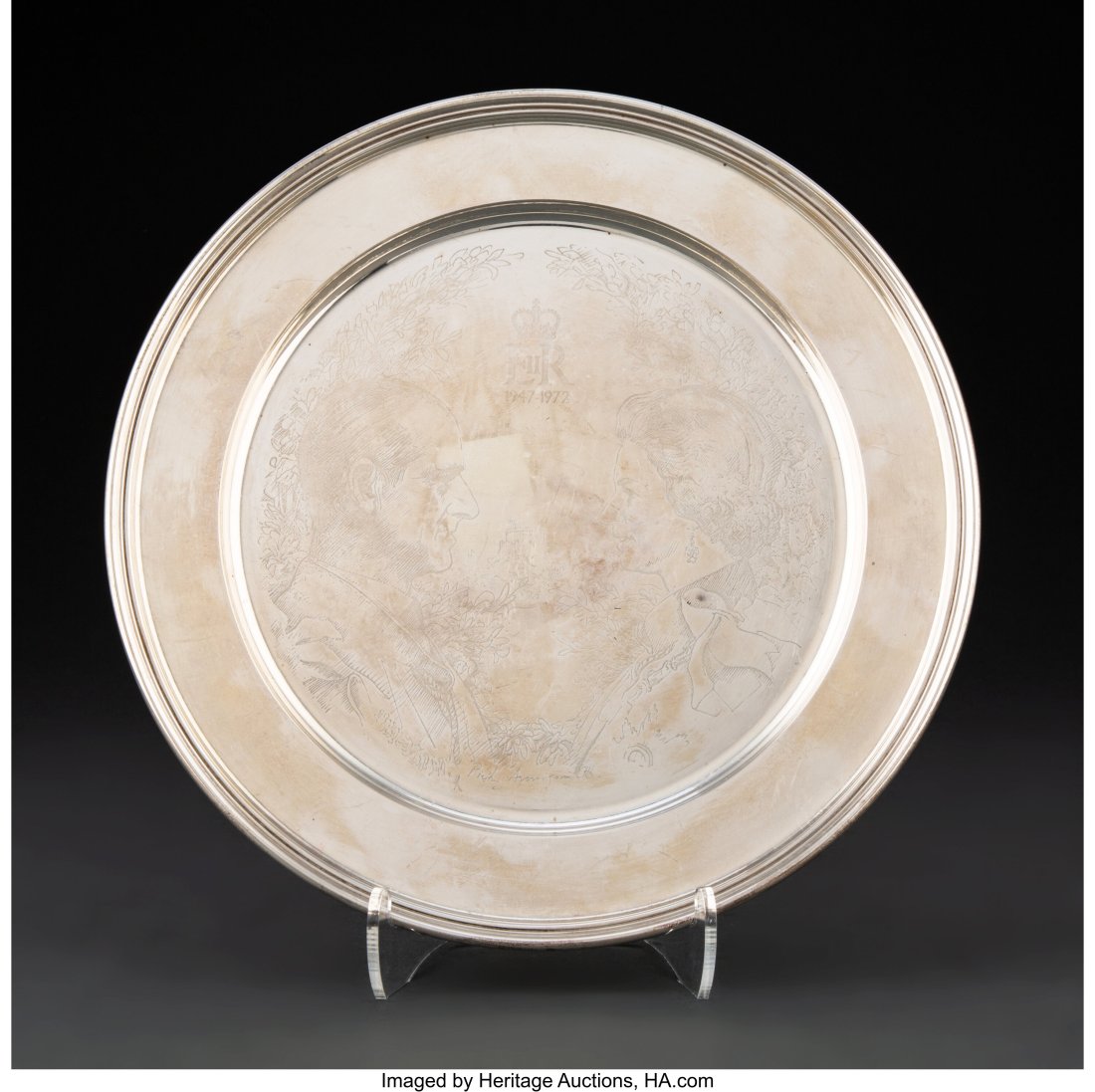 A Richard Comyns Silver Royal Commemorative Plat: A Richard Comyns Silver Royal Commemorative Plate, London , 1972 Marks: (lion passant), (leopard's head), r, R.C, 1120, Comyn