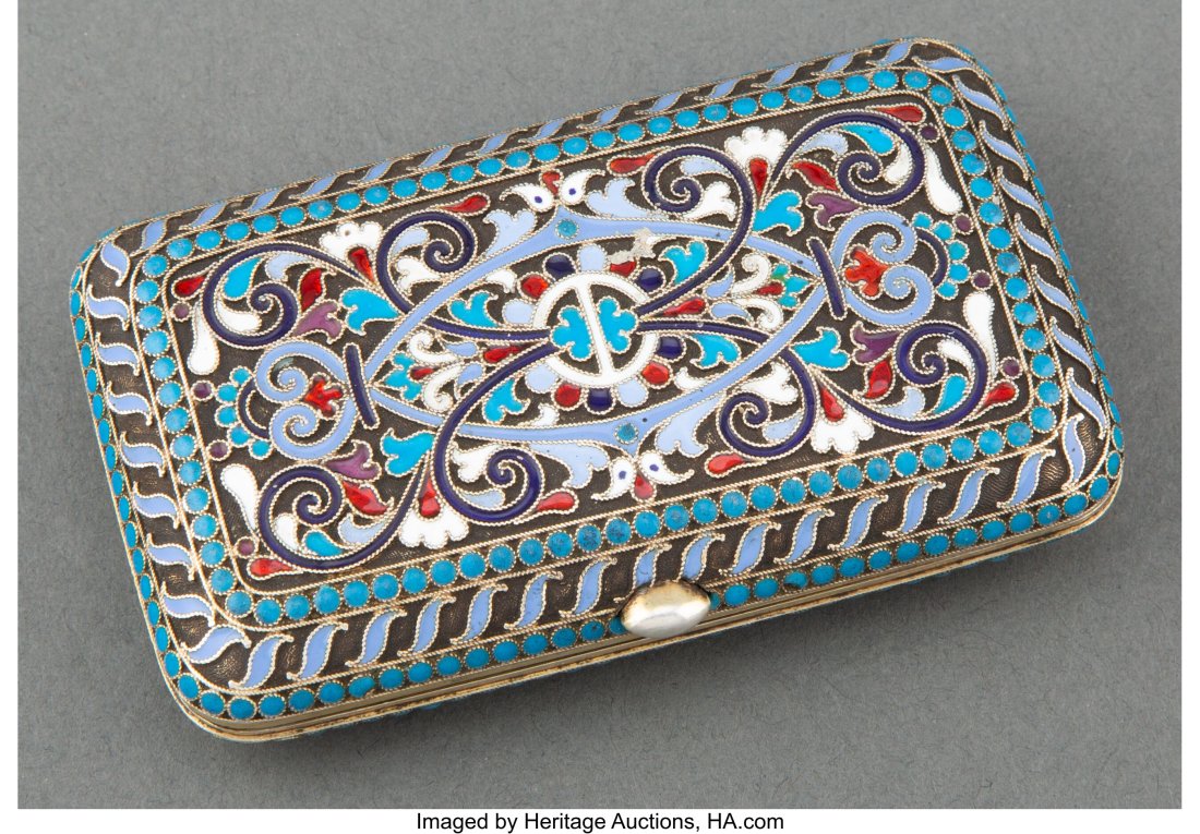 A Russian Champlevé Silver Gilt Cigarette Case, (1 of 3)