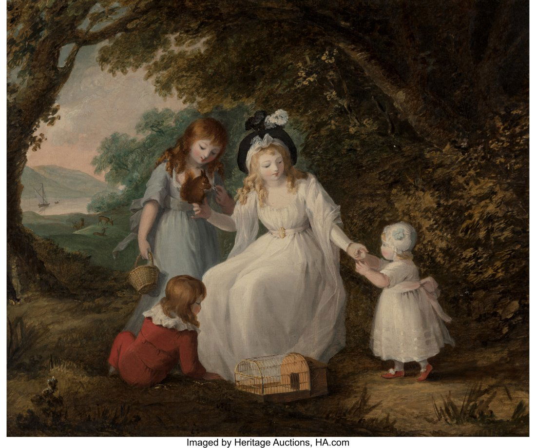 Manner of Francis Wheatley (British, 1747-1801): Manner of Francis Wheatley (British, 1747-1801) Children with a pet squirrel; Family outing in the garden (a pair) Oil on canvas 17-1/4 x 21-1/4 inches (43&