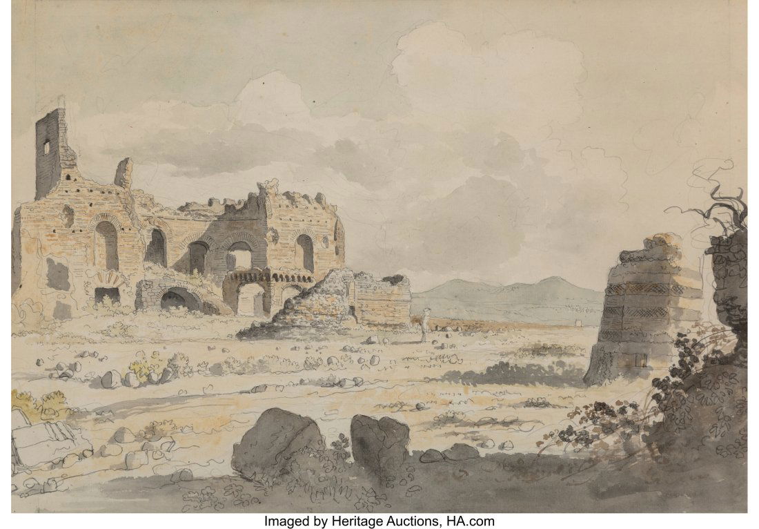Carlo Labruzzi (Italian, 1748-1817) Ruins betwee: Carlo Labruzzi (Italian, 1748-1817) Ruins between the Villa Quintilii and the Castle Rotondo Watercolor over pencil on laid paper 14-1/2 x 20-3/4 inches (36.8 x 52&
