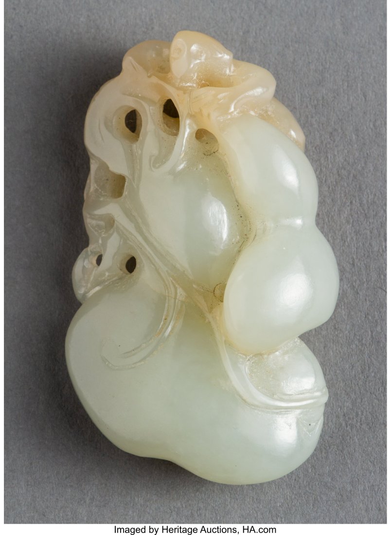 A Chinese White Jade Monkey and Gourd Carving, Q (1 of 2)