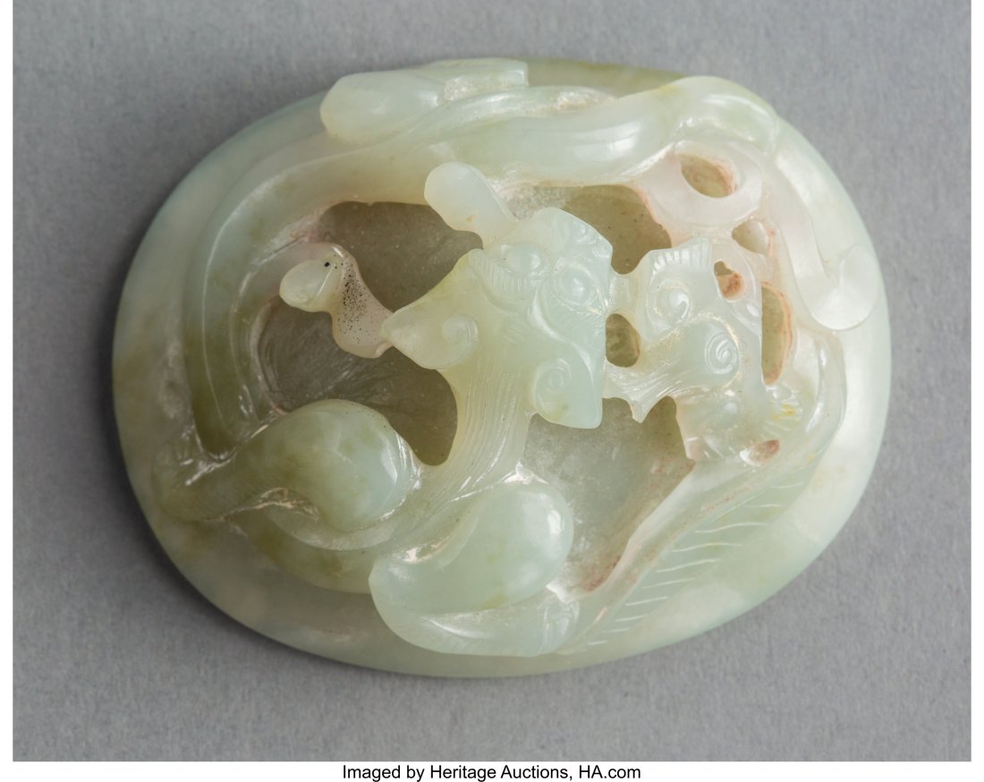 A Chinese Carved Pale Celadon Jade Chilong Buckl (1 of 2)
