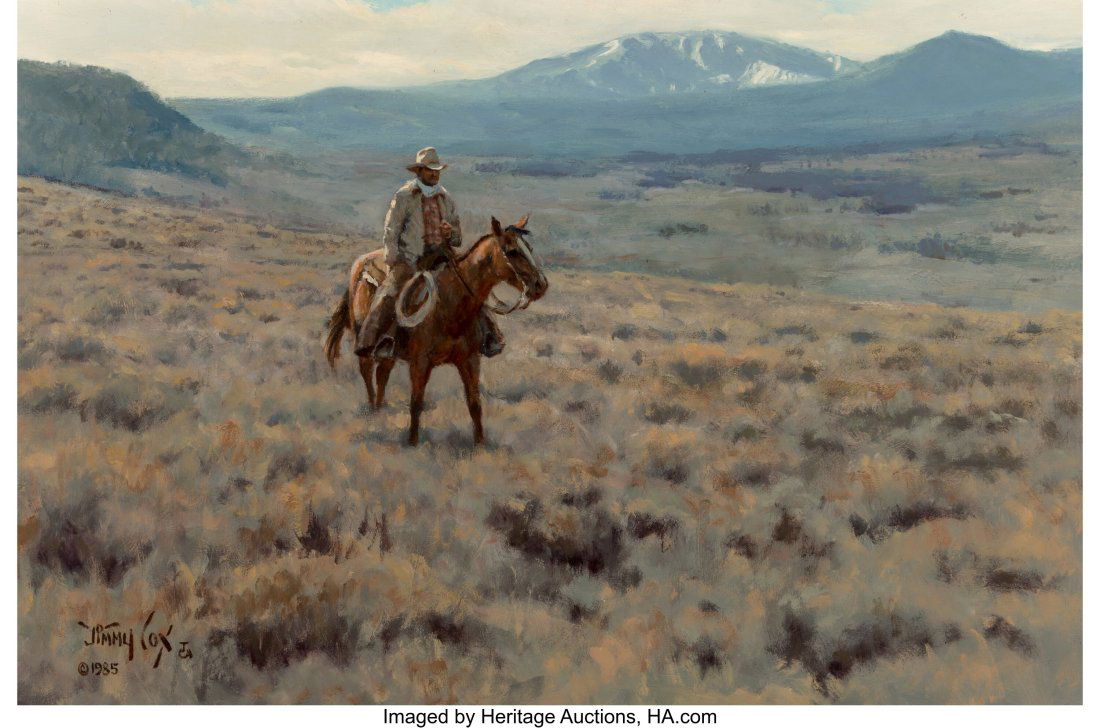 Jimmy Don Cox (American, b. 1951) Listening for: Jimmy Don Cox (American, b. 1951) Listening for the Herd, 1985 Oil on Masonite 24 x 36 inches (61.0 x 91.4 cm) Signed and dated lower left: J