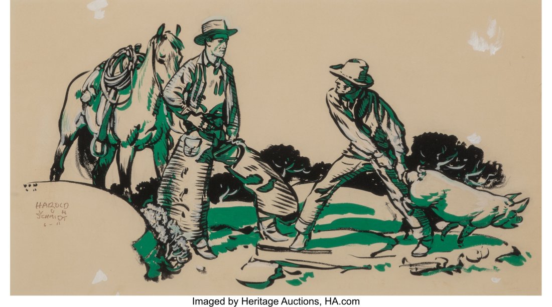 Harold von Schmidt (American, 1893-1982) Pig Wra: Harold von Schmidt (American, 1893-1982) Pig Wranglin', 1911 Gouache and pencil on paper 12 x 21-1/2 inches (30.5 x 54.6 cm) (sight) Signed 