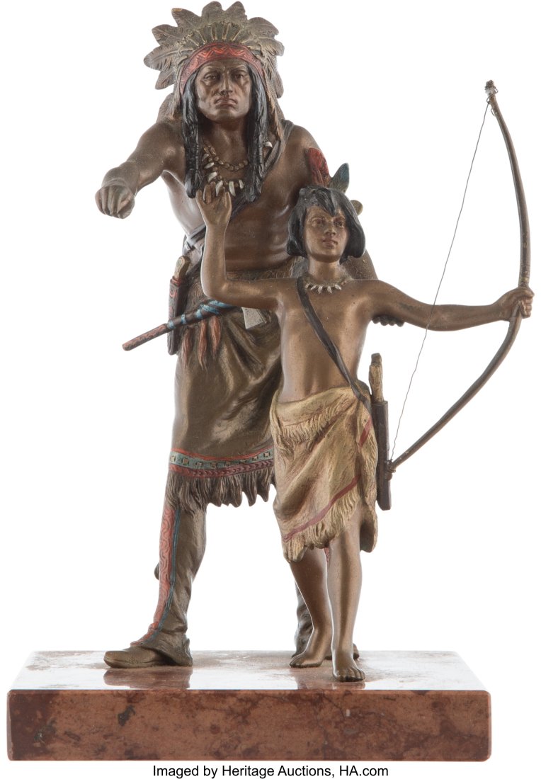 Franz Xaver Bergman (Austrian, 1861-1936) Learni: Franz Xaver Bergman (Austrian, 1861-1936) Learning to Shoot Bronze with polychrome and gold patina 8 inches (20.3 cm) on a 3/4 inch (1.9 cm) granite base Inscribed: Nam Greb (partially effaced) Stampe