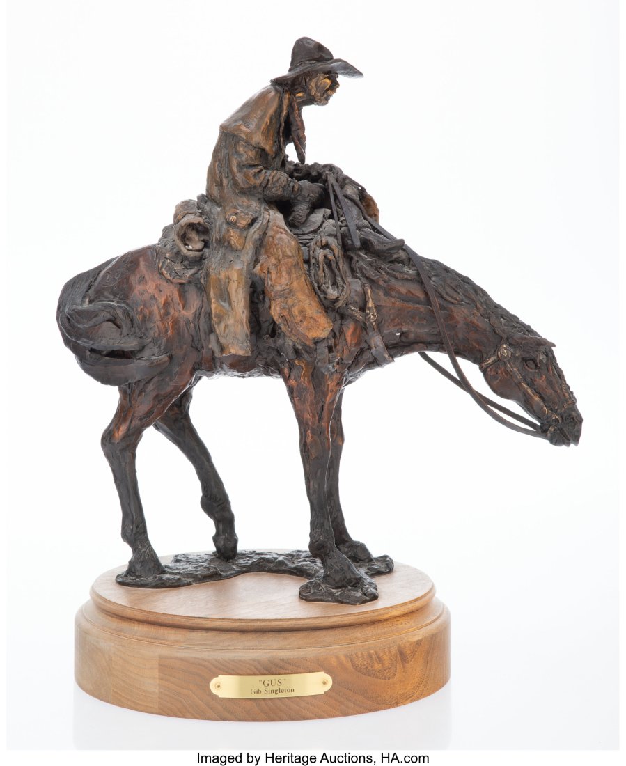 Gib Singleton (American, 1935-2014) Gus Bronze w: Gib Singleton (American, 1935-2014) Gus Bronze with reddish brown patina 17 inches (43.2 cm) high on a 3 inch (7.6 cm) wood base Inscribed: Sing