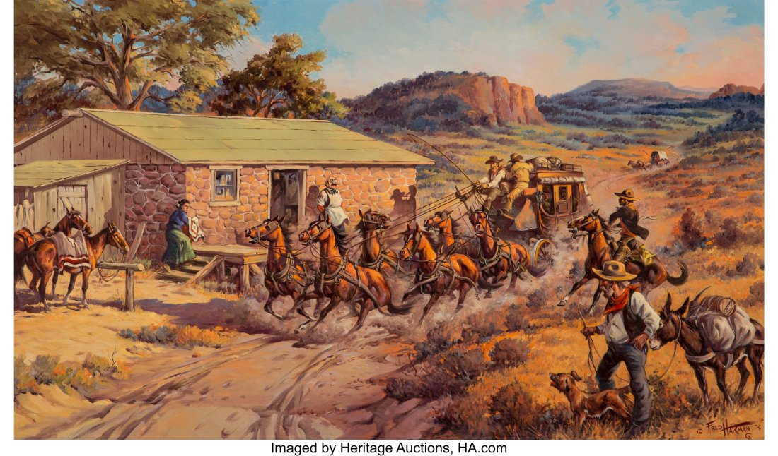 Fred Harman (American, 1902-1982) Roadside Busin: Fred Harman (American, 1902-1982) Roadside Business, 1941 Oil on canvas 30 x 50 inches (76.2 x 127 cm) Signed, dated, and inscribed lower right&colon