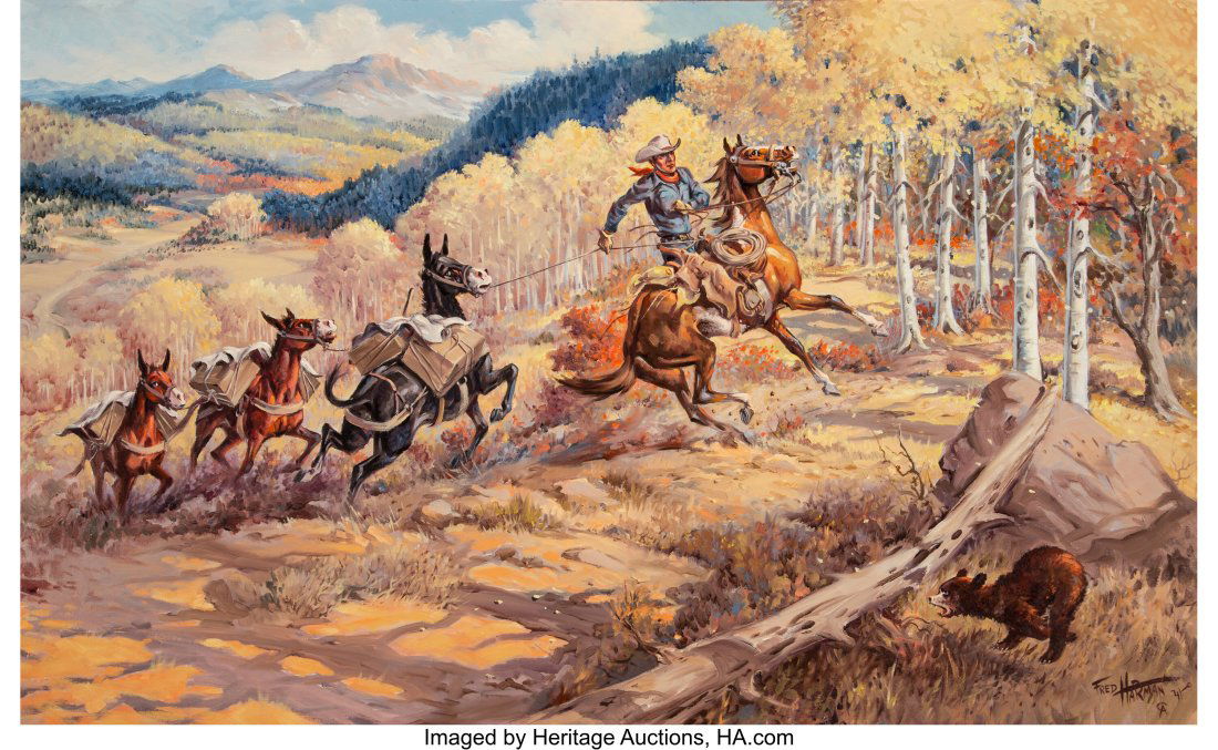 Fred Harman (American, 1902-1982) Johnny's Mule: Fred Harman (American, 1902-1982) Johnny's Mule String, 1941 Oil on canvas 25-3/4 x 42 inches (65.4 x 106.7 cm) Signed, dated, and inscrib