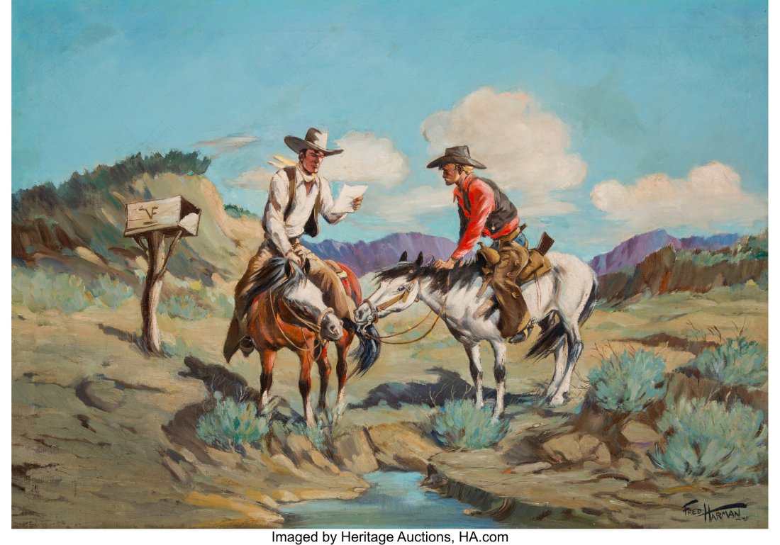 Fred Harman (American, 1902-1982) Mail Time, 194: Fred Harman (American, 1902-1982) Mail Time, 1945 Oil on canvas 26-3/4 x 38 inches (67.9 x 96.5 cm) Signed and dated lower right: Fred Harman &s