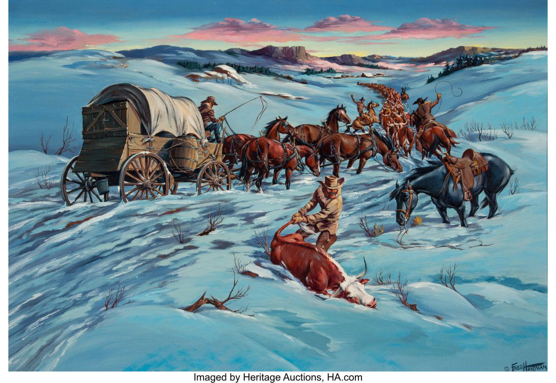 Fred Harman (American, 1902-1982) Cattle Drive O: Fred Harman (American, 1902-1982) Cattle Drive Oil on canvas 28 x 40 inches (71.1 x 101.6 cm) Signed lower right: Fred / Harman Property from the Coll