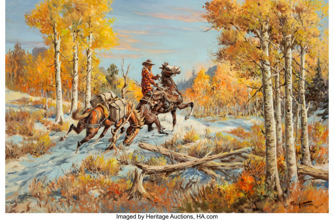 Fred Harman (American, 1902-1982) Hung Up, 1941: Fred Harman (American, 1902-1982) Hung Up, 1941 Oil on canvas 24 x 36 inches (61.0 x 91.4 cm) Signed and dated lower right: Fred Harman 41 Property