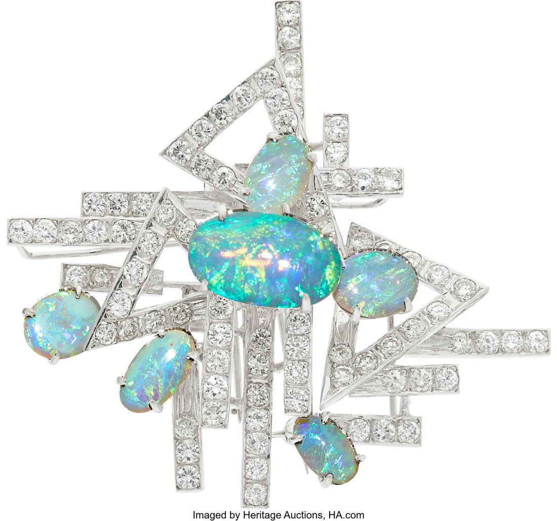 Opal, Diamond, White Gold Brooch  Stones: Opal c (1 of 1)