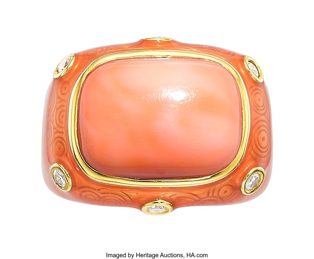 Coral, Diamond, Enamel, Gold Ring  Stones: Coral (1 of 2)