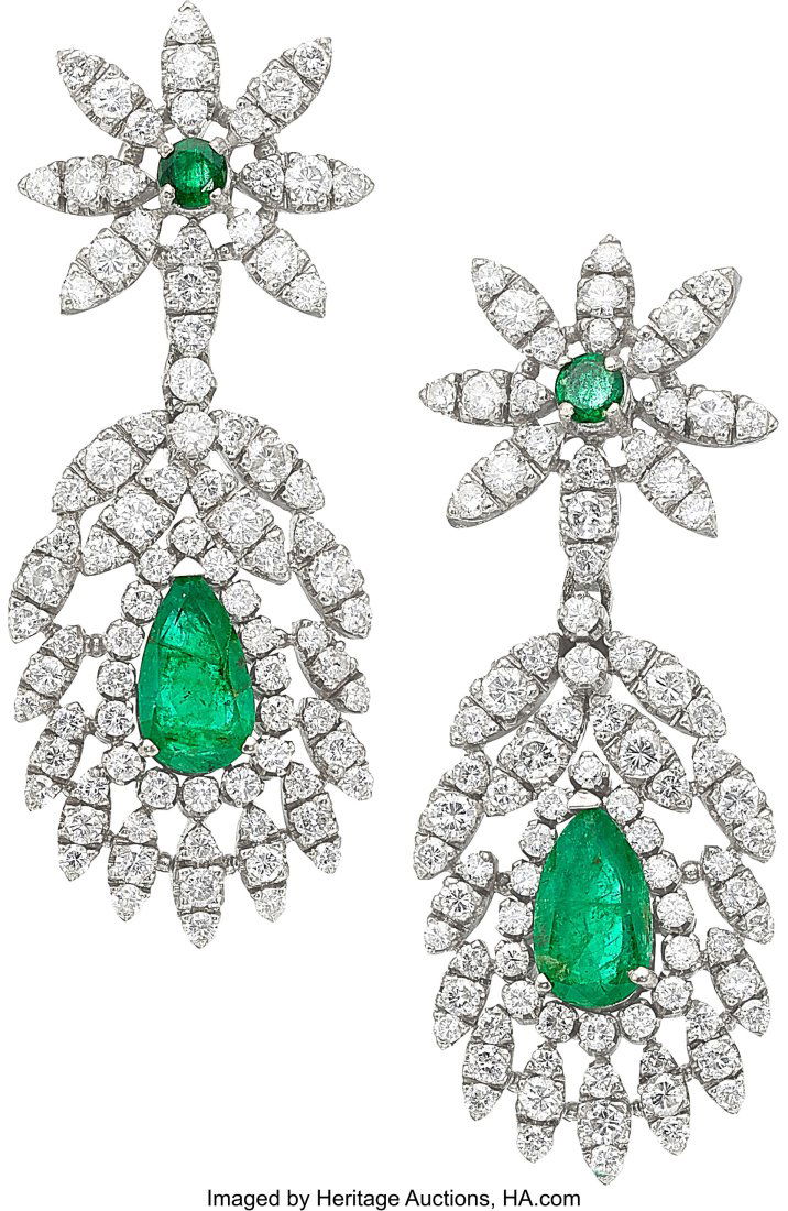 Emerald, Diamond, White Gold Earrings Stones: P: Emerald, Diamond, White Gold Earrings Stones: Pear and round-cut emeralds weighing a total of approximately 2.35 carats; full-cut diamonds weighing a total of approximate