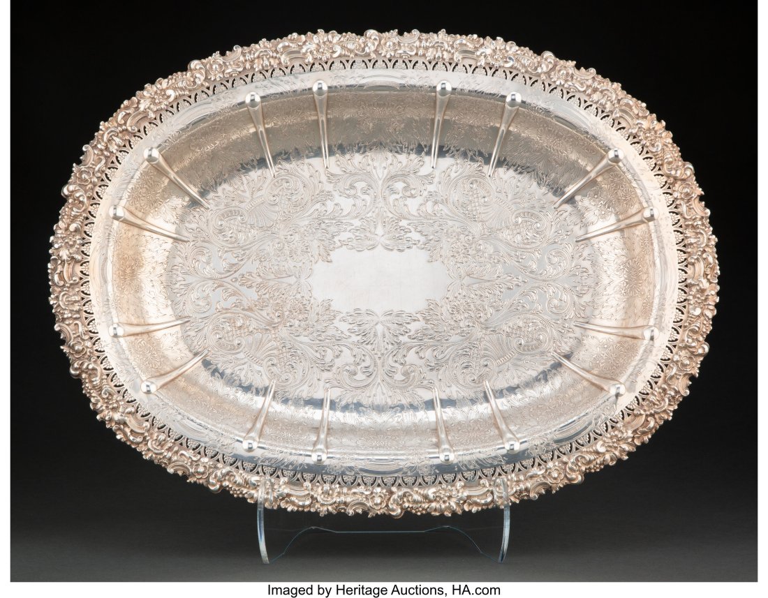 An Ellis-Barker Silverplate Pierced Serving Dish: An Ellis-Barker Silverplate Pierced Serving Dish Marks: (menorah), England 1-7/8 x 18-1/4 x 13-3/8 inches (4.8 x 46.4 x 34.0 cm) &NewLi