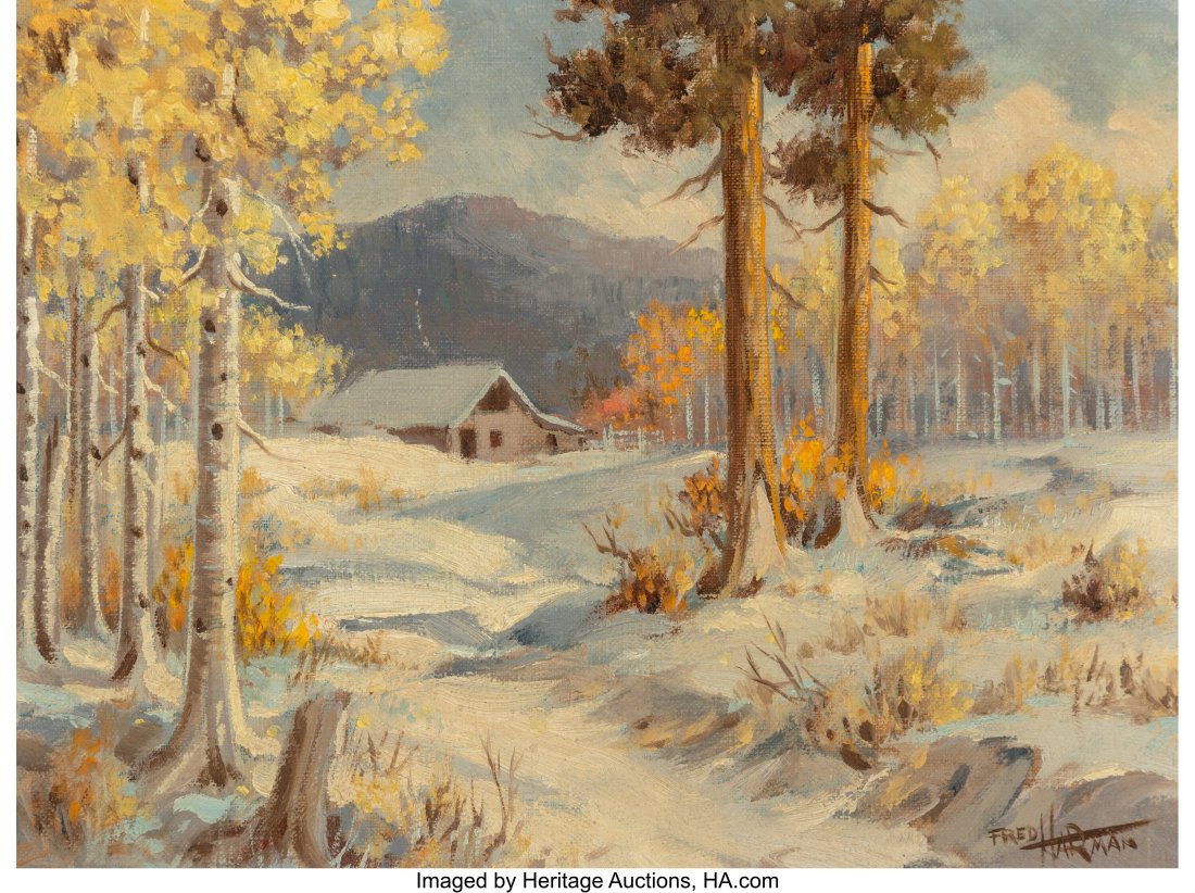 Fred Harman (American, 1902-1982) Winter scene O: Fred Harman (American, 1902-1982) Winter scene Oil on canvas laid on board 9 x 12 inches (22.9 x 30.5 cm) Signed lower right: Fred / Harman Property f
