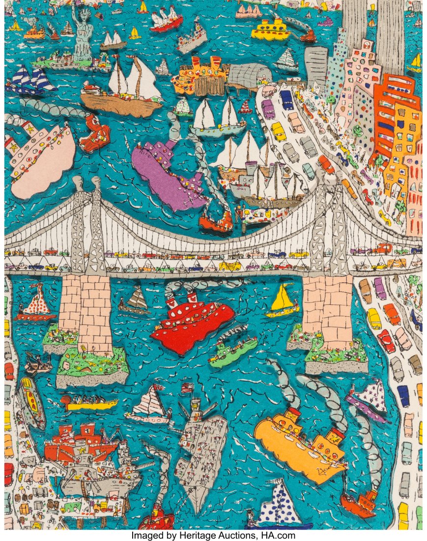 James Rizzi (American, 1950-2011) The Brooklyn B: James Rizzi (American, 1950-2011) The Brooklyn Bridge, 1982 3-D lithographic construction pop-out on paper 9-3/4 x 7-5/8 inches (24.8 x 19.4 cm) &