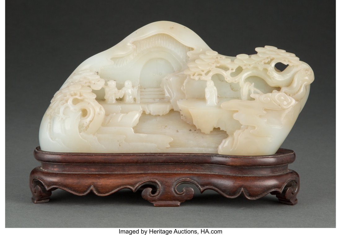 A Chinese Carved Jade Mountain on Wooden Stand M (1 of 3)