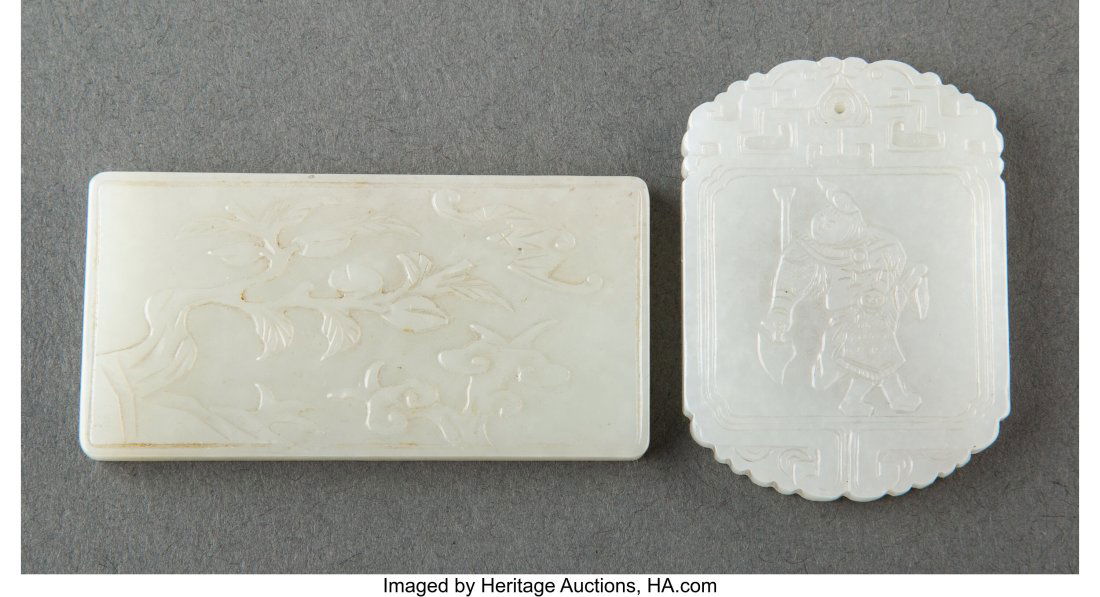 Two Chinese White Jade Plaques 2-5/8 x 1-1/4 x 0: Two Chinese White Jade Plaques 2-5/8 x 1-1/4 x 0-1/4 inches (6.7 x 3.2 x 0.6 cm) (largest) HID03101062020 &co