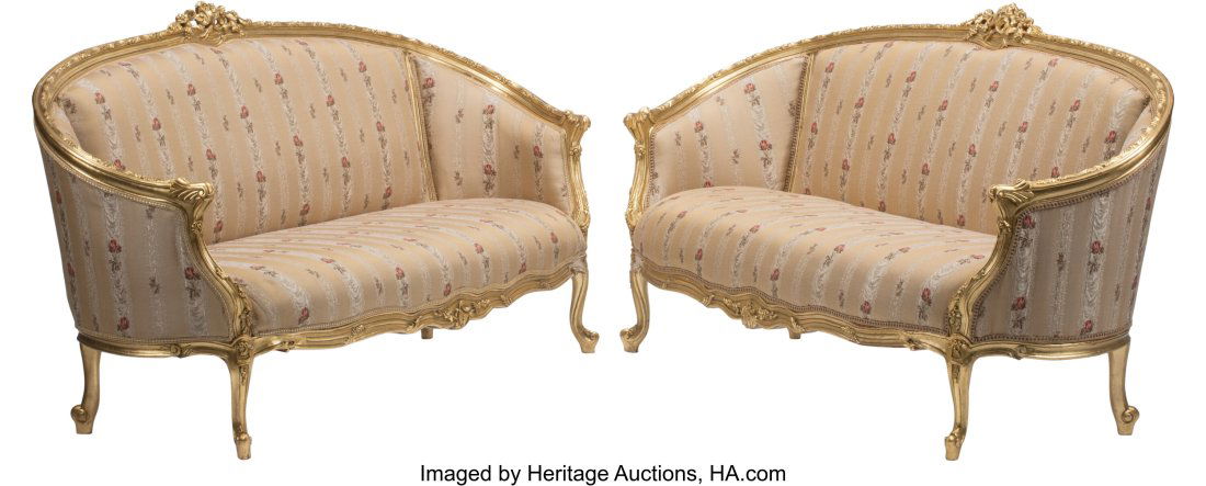 A Pair of French Louis XV-Style Carved Wood Upho: A Pair of French Louis XV-Style Carved Wood Upholstered Settees 39 x 73 x 23 inches (99.1 x 185.4 x 58.4 cm) (each) HID03101062020 