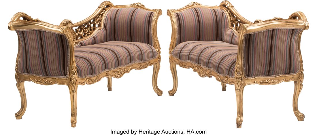 A Pair of Italian Rococo-Style Carved and Partia: A Pair of Italian Rococo-Style Carved and Partial Gilt Wood Upholstered Settees 34 x 60 x 22 inches (86.4 x 152.4 x 55.9 cm) (each) HID03101