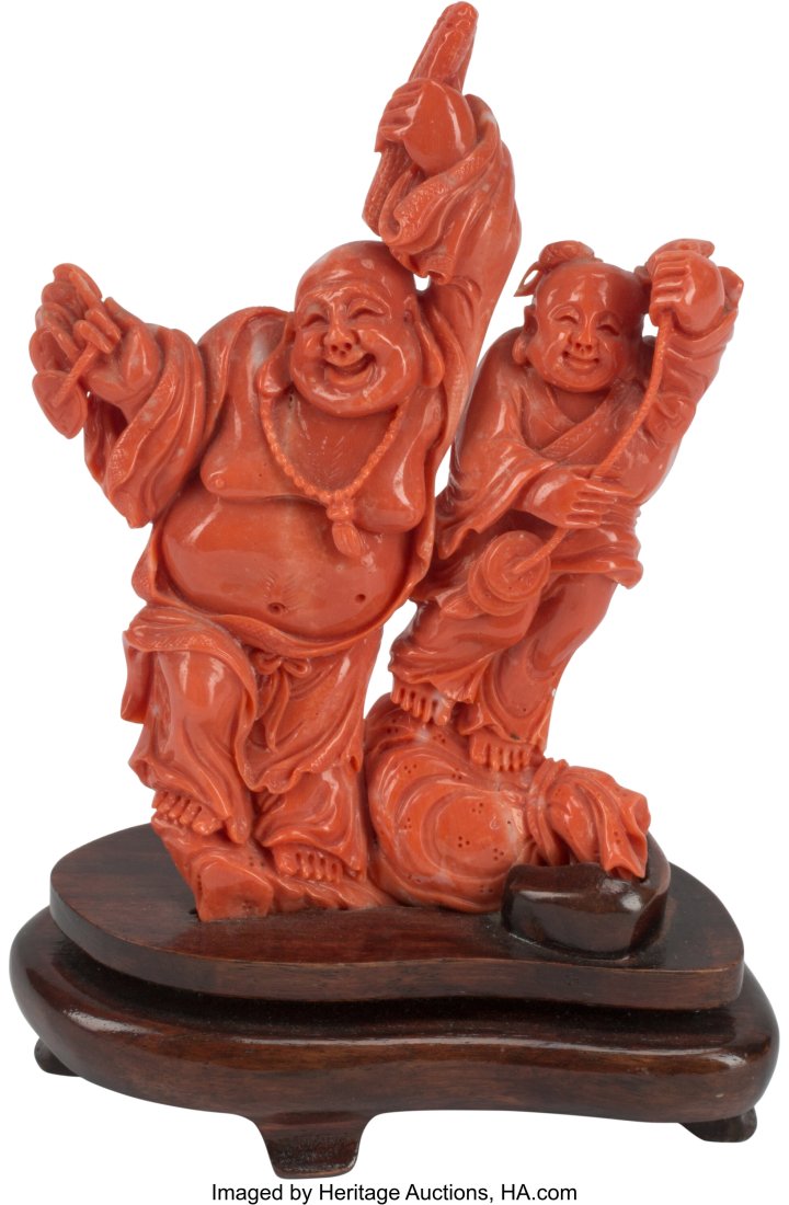 A Chinese Carved Coral Figural Group on Wood Stand (1 of 3)