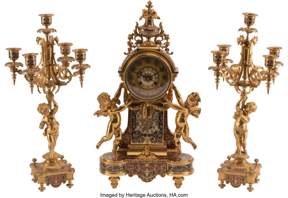 A Three-Piece French Gilt Bronze and Champlevé (1 of 5)