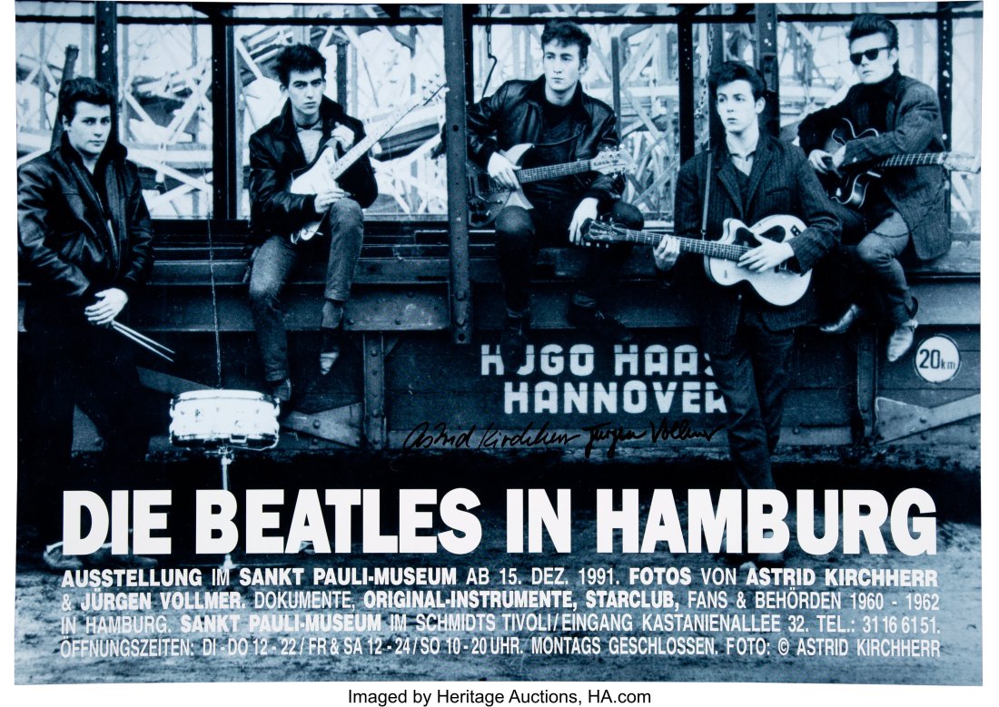 The Beatles 1991 Hamburg, Germany Photo Gallery: The Beatles 1991 Hamburg, Germany Photo Gallery Exhibition Poster Signed by Astrid Kirchherr and Jürgen Vollmer. A horizontal paper poster for an exhibition in 1991 of Beatles photog