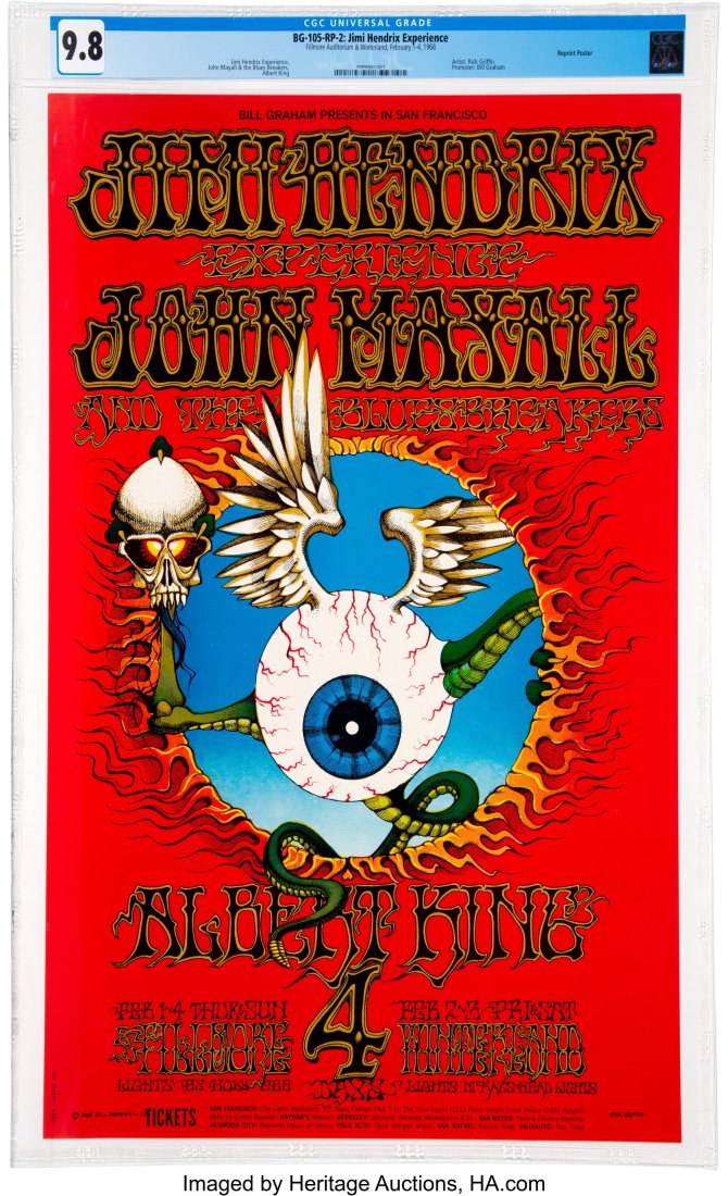 BG-105 Jimi Hendrix Experience Second Printing 1: BG-105 Jimi Hendrix Experience Second Printing 1968 "Flying Eyeball" Poster CGC-graded 9.8. An original Bill Graham second-printing poster of The Jimi Hendrix Experience, John Maya