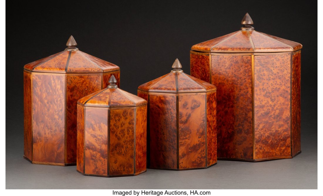 A Set of Four Graduated Maple Burl Covered Boxes: A Set of Four Graduated Maple Burl Covered Boxes, circa 1830 12 x 10 x 10 inches (30.5 x 25.4 x 25.4 cm) (largest) The octagonal covered boxes of bird's 