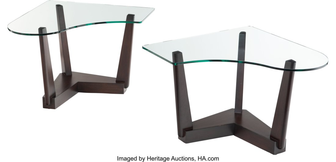 Attributed to Paul László (American, 1900-1993: Attributed to Paul László (American, 1900-1993) Pair of Side Tables from the Robert Jonston Estate, circa 1950 Glass, wood 22 x 31 x 39 inches (55&period