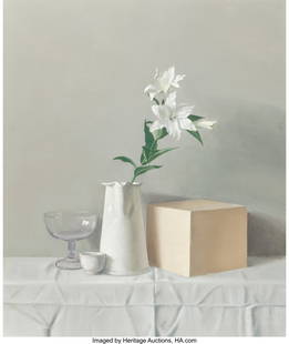 28033: Raymond Han (American, 1931-2017) Casablanca Lil: Raymond Han (American, 1931-2017) Casablanca Lilies and Wooden Box, 2005 Oil on canvas 48 x 40 inches (121.9 x 101.6 cm) Signed and dated on the stretcher