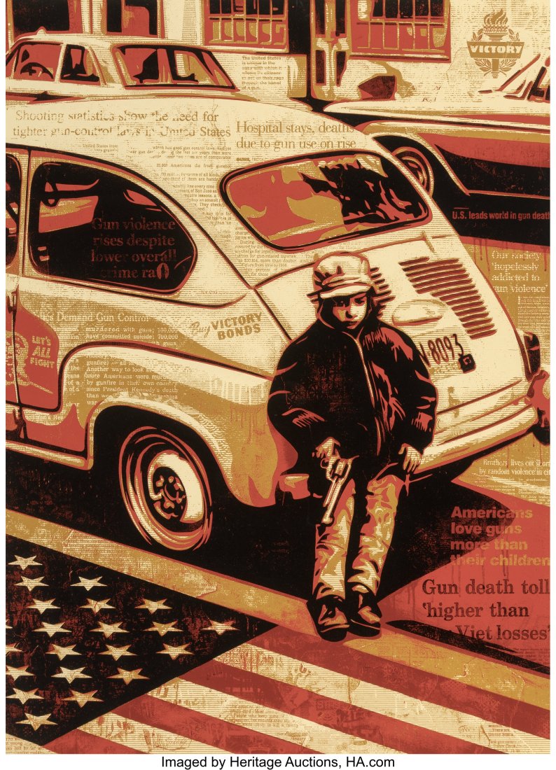 Shepard Fairey X Jim Marshall Gun Culture, Ameri: Shepard Fairey X Jim Marshall Gun Culture, American Civics Series, 2016 Serigraph in colors on Varnished Cotton Rag Archival paper 30 x 40 inches (76.2 x 101.6 cm)