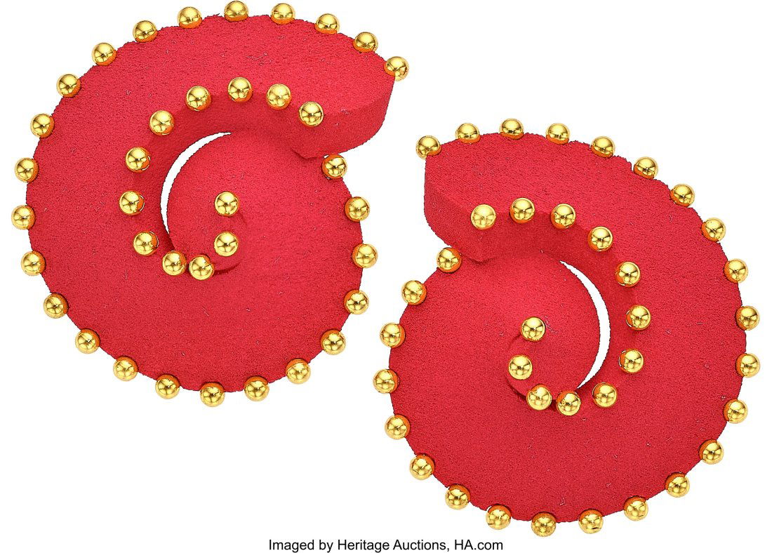 JAR Resin, Gold Earrings, French Element: Resi: JAR Resin, Gold Earrings, French Element: Resin Metal: 18k gold Marked: JAR Paris, French hallmarks Theme: Tourbillion, Spiral Gross Weight: 27&pe