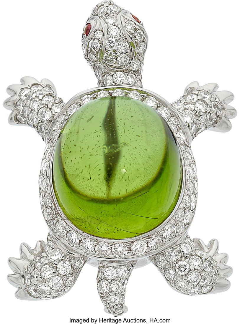 Assil Diamond, Peridot, Ruby, White Gold Brooch (1 of 2)