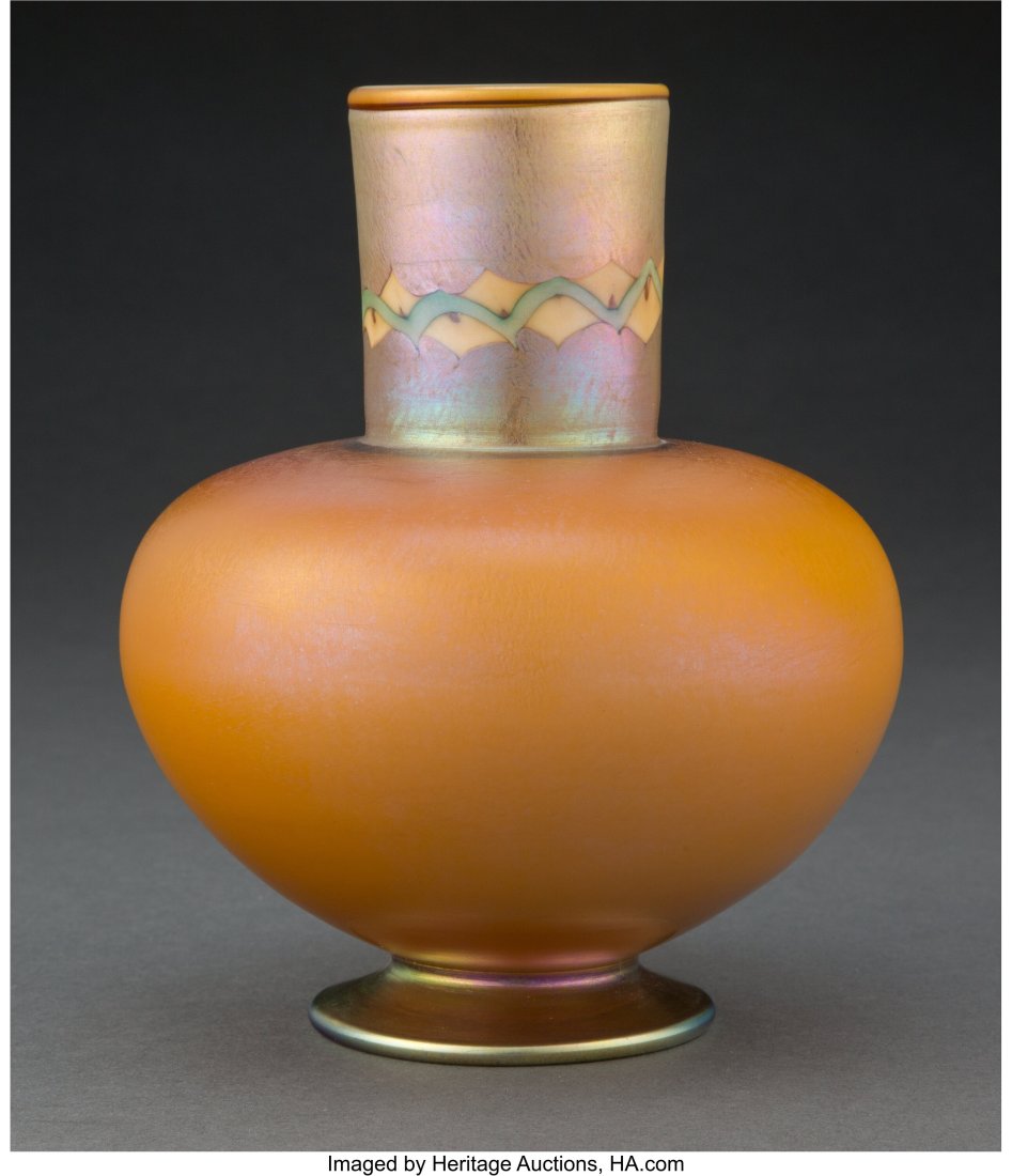 Tiffany Studios Decorated Favrile Glass Tel-El-A: Tiffany Studios Decorated Favrile Glass Tel-El-Amarna Vase, circa 1910 Marks: L. C. Tiffany-Favrile, 9594H 6-1/2 inches (16.5 cm) PROVENANCE: