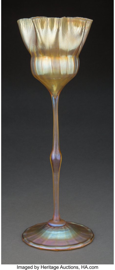 Tall Tiffany Studios Gold Favrile Glass Florifor: Tall Tiffany Studios Gold Favrile Glass Floriform Vase, circa 1910 Marks: L.C.T., Y3549 15-1/2 inches (39.4 cm) PROVENANCE: Rago&comma