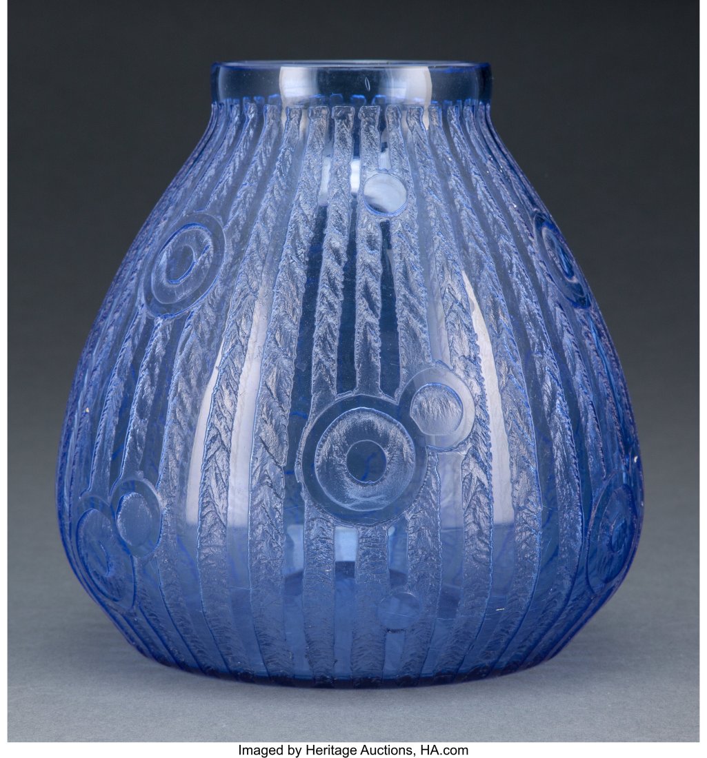 Daum Art Deco Acid-Etched Blue Glass Vase, circa: Daum Art Deco Acid-Etched Blue Glass Vase, circa 1925 Marks: DAUM, (cross of Lorraine), NANCY, FRANCE 8 inches (20.3 cm) Property from a Privat