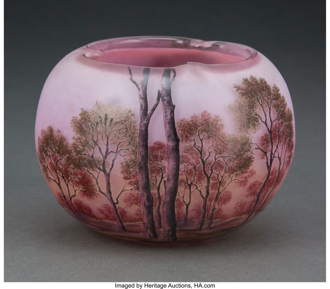 Daum Acid-Etched and Enameled Glass Landscape Va: Daum Acid-Etched and Enameled Glass Landscape Vase, circa 1900 Marks: DAUM, (cross of Lorraine), NANCY, (paper retail label) 3-3/4 inches (9&