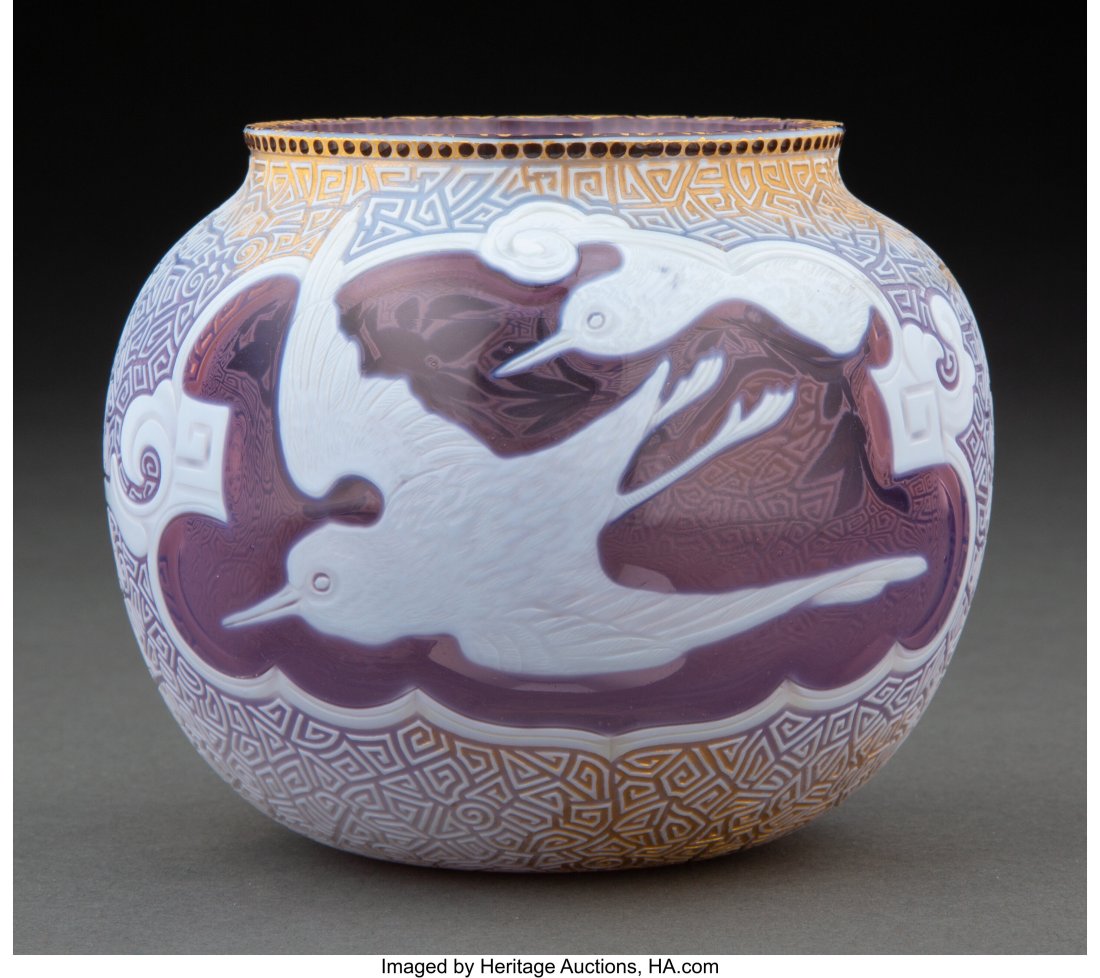 Rare George Woodall for Thomas Webb & Sons Parti: Rare George Woodall for Thomas Webb & Sons Partial Gilt Cameo Glass Seagulls Vase, circa 1900 Marks: (quatrefoil-WEBB) 3-1/2 inches (8.9 cm) Property fro