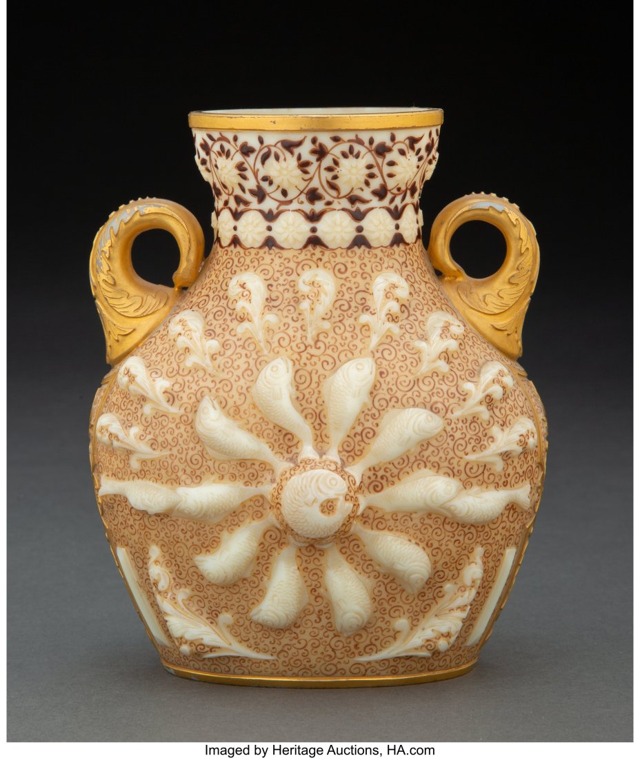 Thomas Webb & Sons Partial Gilt and Enameled "Iv: Thomas Webb & Sons Partial Gilt and Enameled "Ivory" Glass Fish Two-Handled Vase, circa 1900 Marks: (quatrefoil-WEBB) 5-1/2 inches (14.0 cm) Property fro