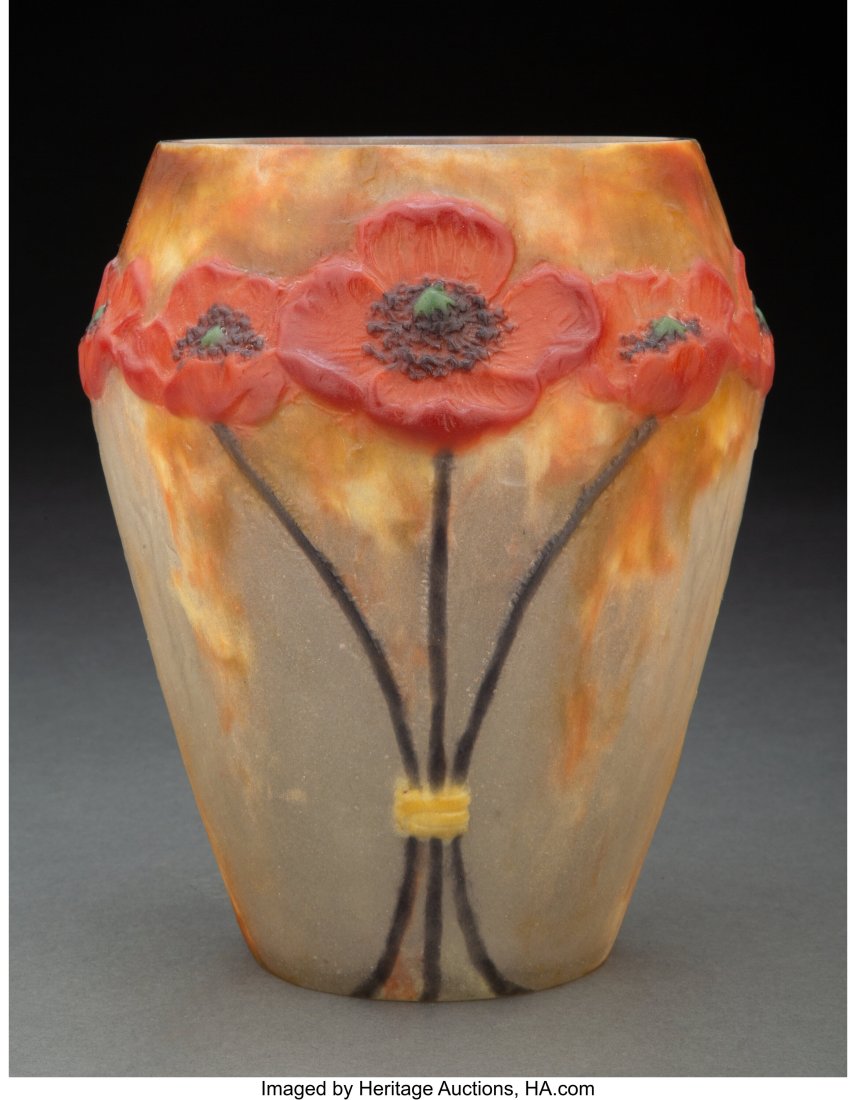 Argy-Rousseau Pâte de Verre Poppies Vase, circa: Argy-Rousseau Pâte de Verre Poppies Vase, circa 1924 Marks: G. ARGY-ROUSSEAU, FRANCE 7-1/2 inches (19 cm) LITERATURE: J. Bloch-Dermant, 