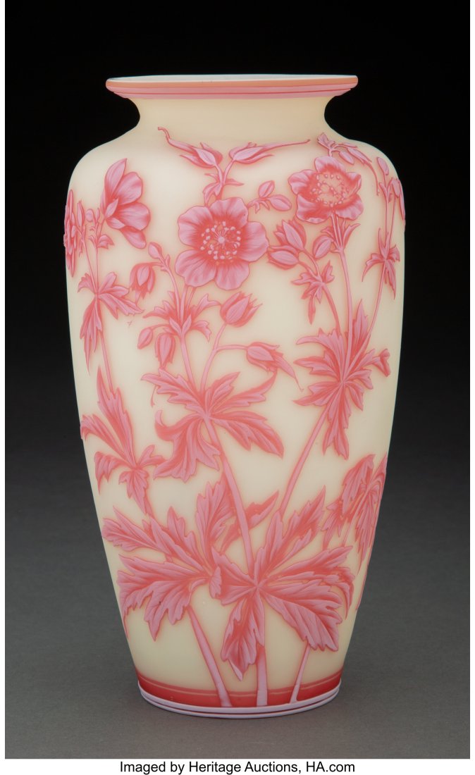 Large Thomas Webb & Sons Tri-Color Cameo Glass V: Large Thomas Webb & Sons Tri-Color Cameo Glass Vase, circa 1890 8-3/4 inches (22.2 cm) Property from the Collection of Jeep & Carla Harned HID0310