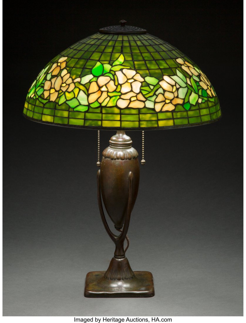 Tiffany Studios Leaded Glass and Patinated Bronz: Tiffany Studios Leaded Glass and Patinated Bronze Banded Dogwood Table Lamp, circa 1910 Marks to shade: TIFFANY STUDIOS, NEW YORK, 1554 Marks to base: 444, TIFFANY