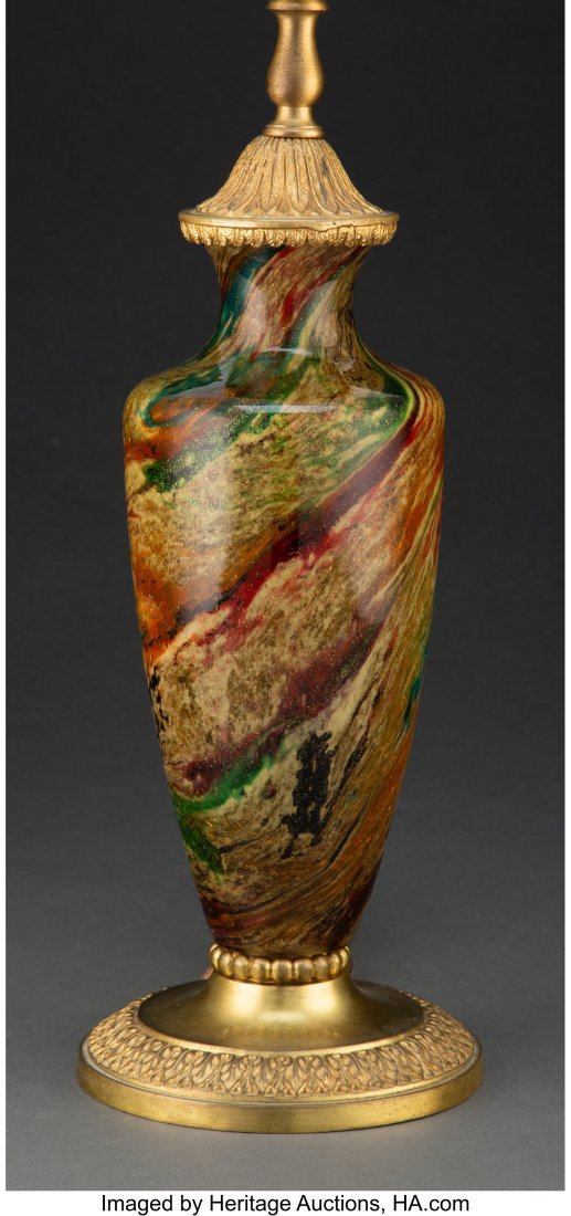 Steuben Moss Agate Glass Lamp Base with Gilt Bro: Steuben Moss Agate Glass Lamp Base with Gilt Bronze Mount, circa 1925 10-1/2 inches (26.7 cm) (glass) 29-1/4 inches (74.3 cm) (overall&rp