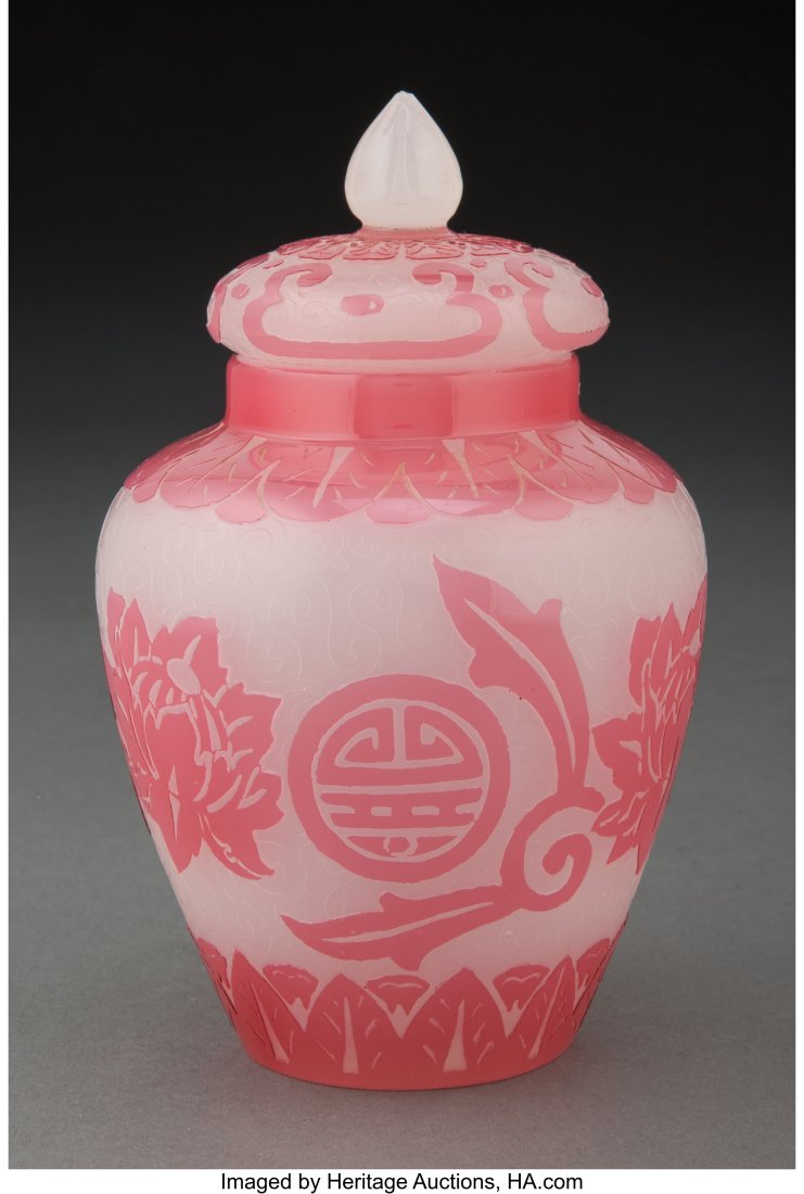 Steuben Acid-Etched Rosaline-over-Alabaster Glas: Steuben Acid-Etched Rosaline-over-Alabaster Glass Chinese Ginger Jar, circa 1925 Marks: (Steuben applied label) 6-3/4 inches (17.1 cm) Property from the Coll
