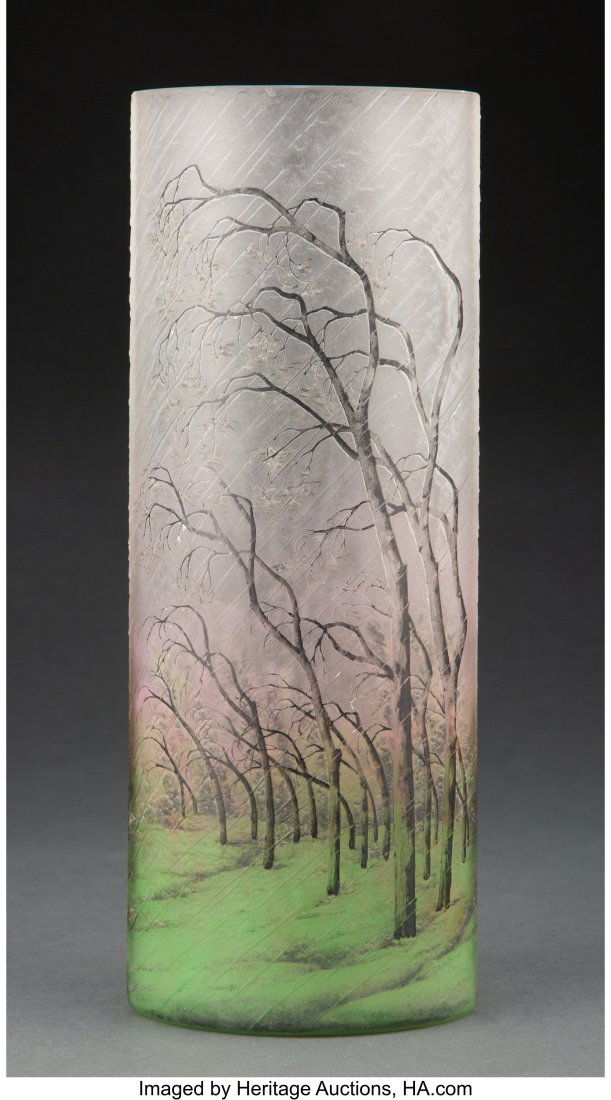Large Daum Acid-Etched and Enameled Glass Rain V: Large Daum Acid-Etched and Enameled Glass Rain Vase, circa 1900 Marks: Daum, (cross of Lorraine), Nancy 12 inches (30.5 cm) HID031