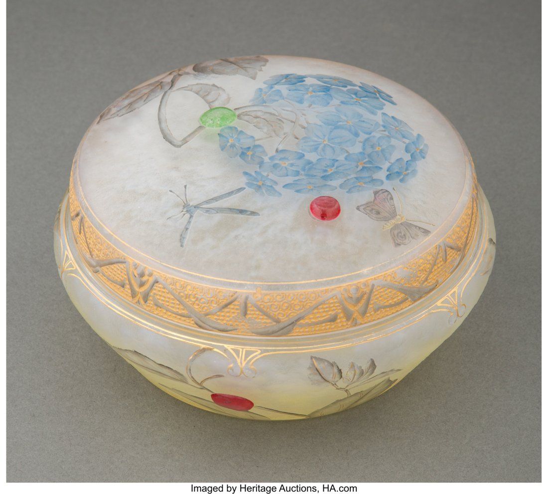 Daum Acid-Etched, Enameled, and Partial Gilt Gla: Daum Acid-Etched, Enameled, and Partial Gilt Glass Dragonfly Covered Box, circa 1900 Marks: Daum, (Cross of Lorraine), Nancy 3-1/4 x 5-1/2 inches