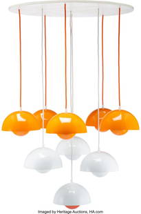 Verner Panton (Danish, 1926-1998) Flowerpot Chan: Verner Panton (Danish, 1926-1998) Flowerpot Chandelier, circa 1965, Louis Poulsen Enameled steel, braided cord, wood 45 (adjustable) x 27 inches