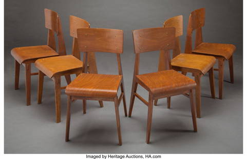 French School (20th Century) Set of Six 'Tout Bo: French School (20th Century) Set of Six 'Tout Bois' Chairs in the Style of Jean Prouvé, circa 1950 Oak, molded plywood 32 x 15-3/4 x 18 inches (81.3 x